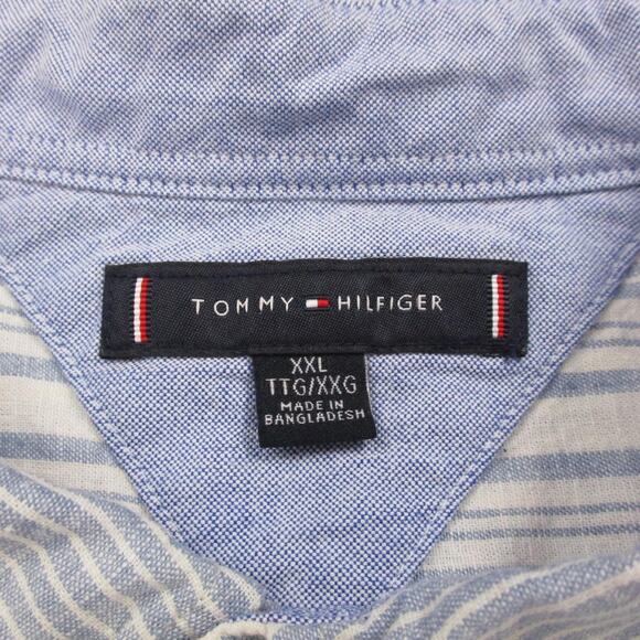 Tommy Hilfiger Shirt Mens 2XL Blue White Striped Linen Blend Short Sleeve Button - Picture 2 of 16